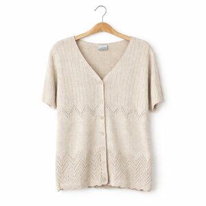 #065 PENMANS | Vintage Light Brown Open Knit Short Sleeve Cardigan - P2P 23